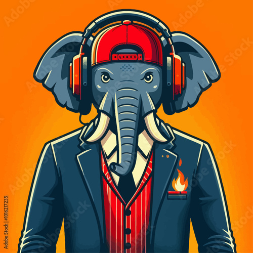 A stylish elephant character wearing headphones and a red cap, dressed in a fashionable suit against a vibrant orange background.