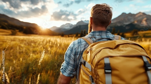 Person in plaid shirt with a yellow backpack gazes at sunset over distant mountains and a golden field, showcasing the peacefulness of travel in nature. photo