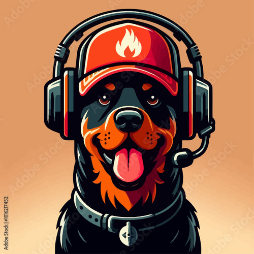 A cartoon Rottweiler wearing a red cap and headphones, exuding a playful and trendy vibe.