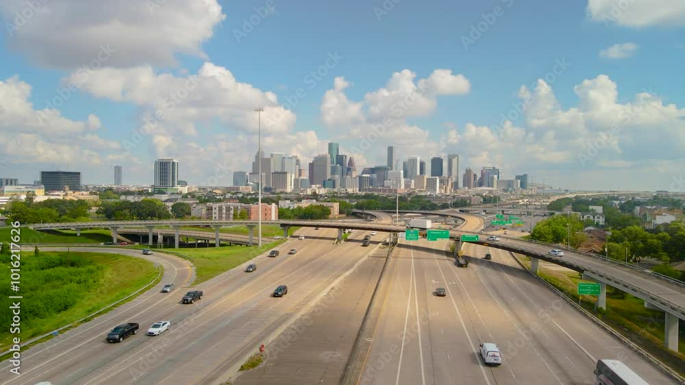 Drone shot Texas freeway 288 leading to downtown Houston. City of Houston northbound from Texas 288, I69 and I45 intersection. Aerial shot Houston transportation to downtown. Drone shot Texas freeway 288 leading to downtown Houston. City of Houston northbound from Texas 288, I69 and I45 intersection. Aerial shot Houston transportation to downtown.