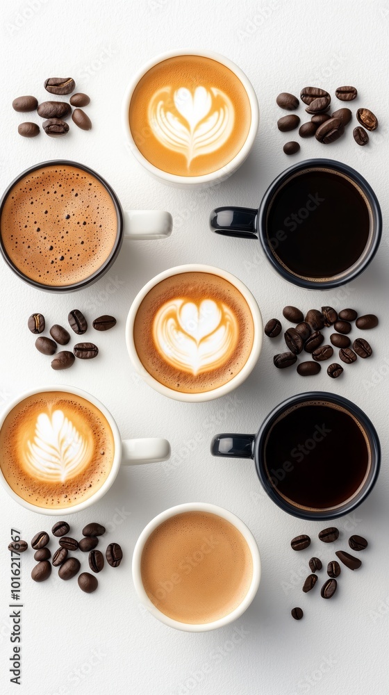 Stunning flat lay of coffee cups adorned with latte art and scattered coffee beans creating a visually appealing image. Cafe and blog concept Stunning flat lay of coffee cups adorned with latte art and scattered coffee beans creating a visually appealing image. Cafe and blog concept