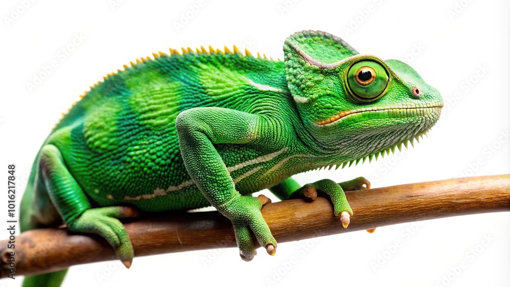 Naklejka premium green chameleon on branch isolated on white background