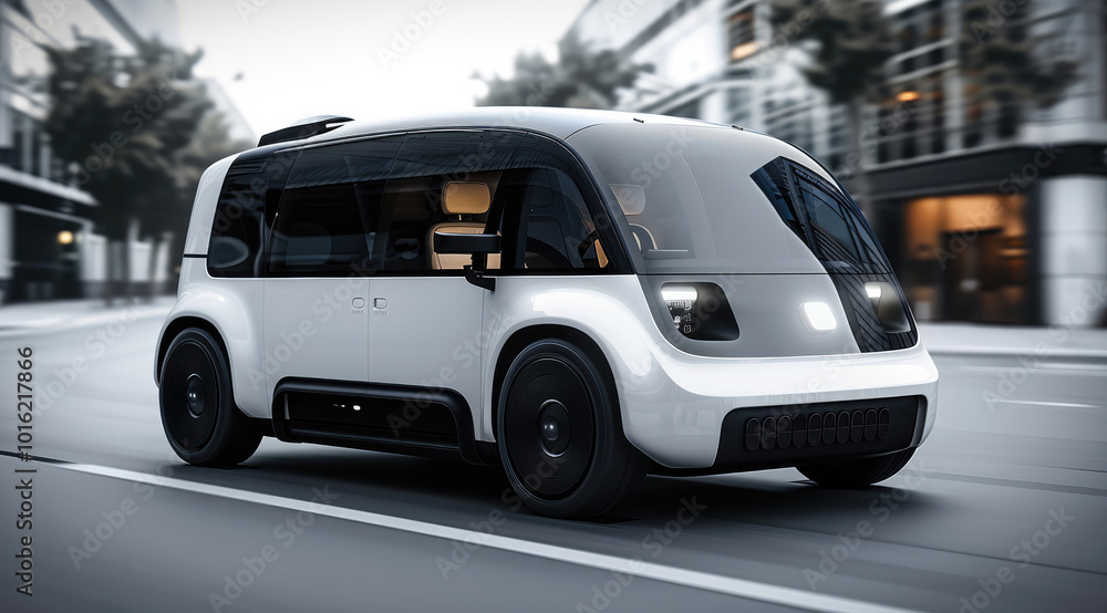 A white and black compact electric vehicle with minimalistic features including LED headlights on the front window. A white and black compact electric vehicle with minimalistic features including LED headlights on the front window.