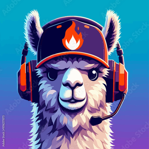 A stylized llama sporting a headset and fiery cap, set against a vibrant gradient background, exuding a playful and modern vibe.