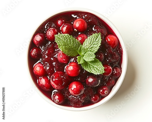 A bowl of vibrant cranberry sauce with a sprig of mint, placed in the a white . photo