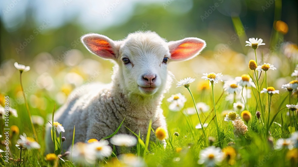 A fluffy white lamb with soft pink ears rests in a field of blooming daisies, basking in the warm glow of the sun. A fluffy white lamb with soft pink ears rests in a field of blooming daisies, basking in the warm glow of the sun.