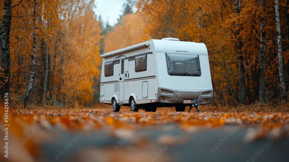A cozy caravan parked on a tranquil road surrounded by vibrant autumn foliage in a peaceful forest setting A cozy caravan parked on a tranquil road surrounded by vibrant autumn foliage in a peaceful forest setting
