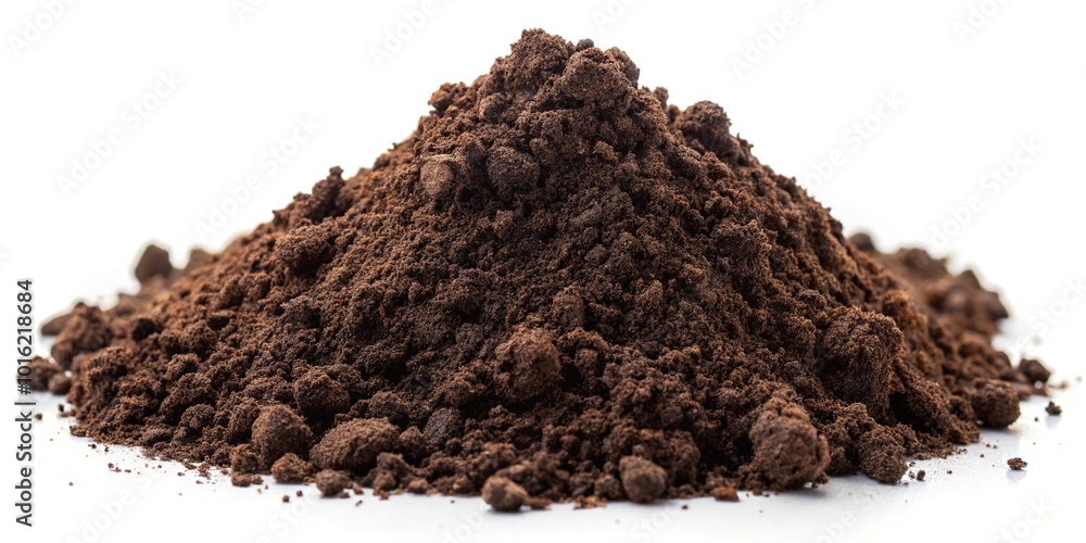 Macro close-up of dark brown soil isolated on white background Macro close-up of dark brown soil isolated on white background