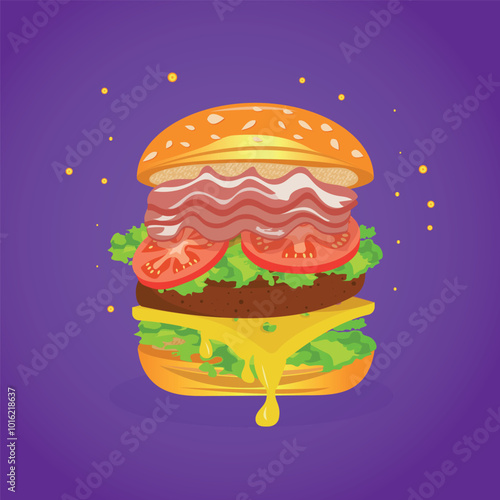  Burger with cutlet, cheese, tomato and herbs, vector illustration