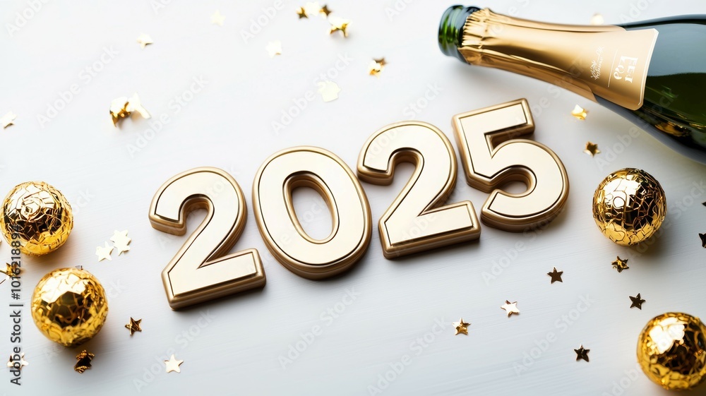 Celebrating the arrival of 2025 with champagne and festive decorations in celebration of New Year's Eve festivities Celebrating the arrival of 2025 with champagne and festive decorations in celebration of New Year's Eve festivities