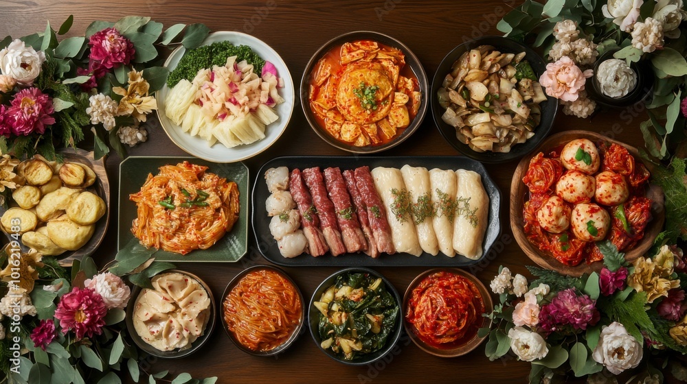 Fototapeta premium Traditional Seollal Feast with Various Dishes and Decorations