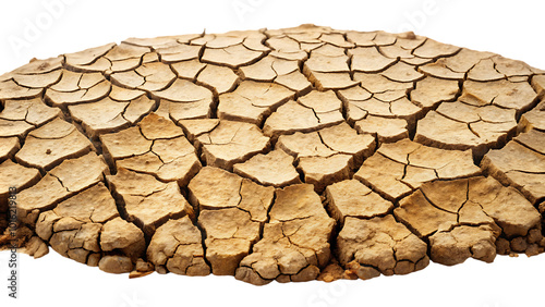 Dry cracked soil on transparent background, Circular dry cracked earth, parched desert soil, barren landscape photo