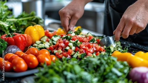 A person chops vibrant vegetables, including peppers, tomatoes, and greens, on a kitchen counter, highlighting healthy cooking and fresh, colorful ingredients.