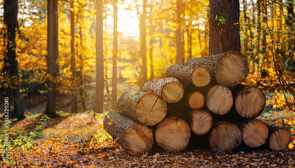 Stack of logs in forest. Bright sun light. Autumn season. Stack of logs in forest. Bright sun light. Autumn season.