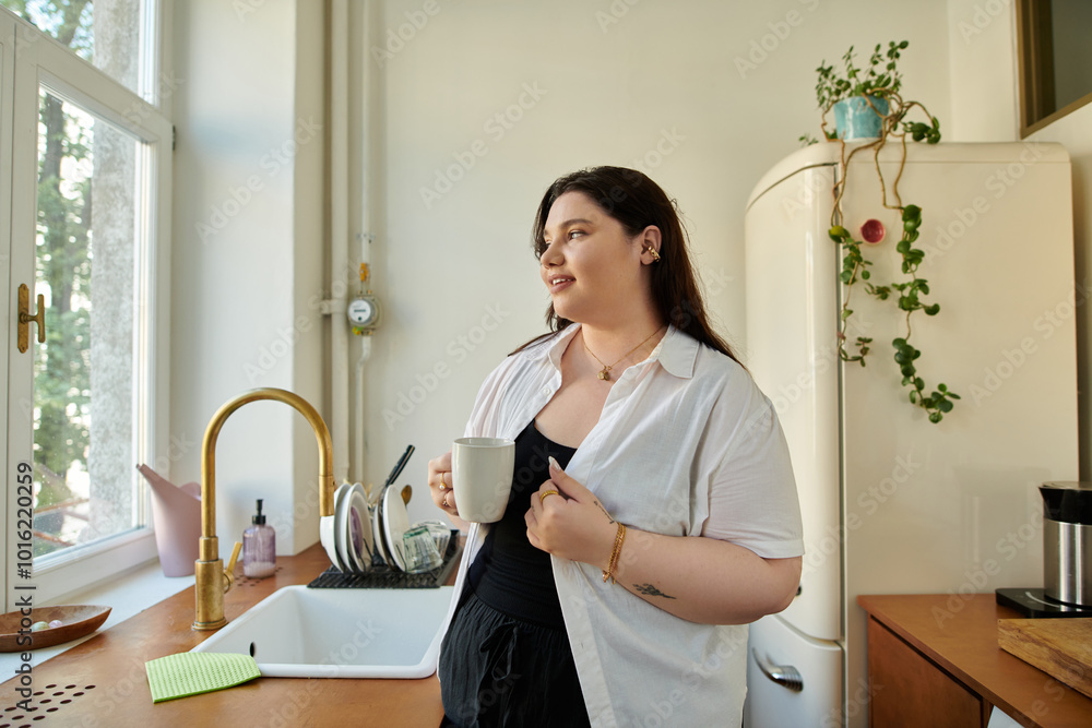 A confident woman savors her coffee while gazing out the window. A confident woman savors her coffee while gazing out the window.