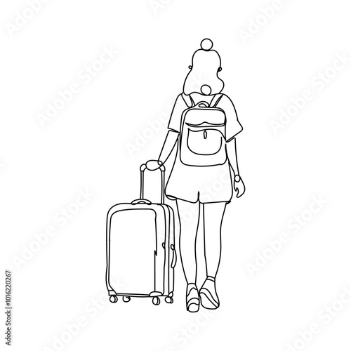 Dessin en ligne continue d'une femme partant en voyage, tenant sa valise, vecteur, line art