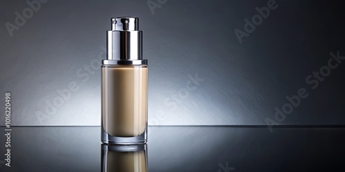 A cylindrical glass bottle with a metallic pump dispenser, containing a beige liquid, stands on a reflective surface.