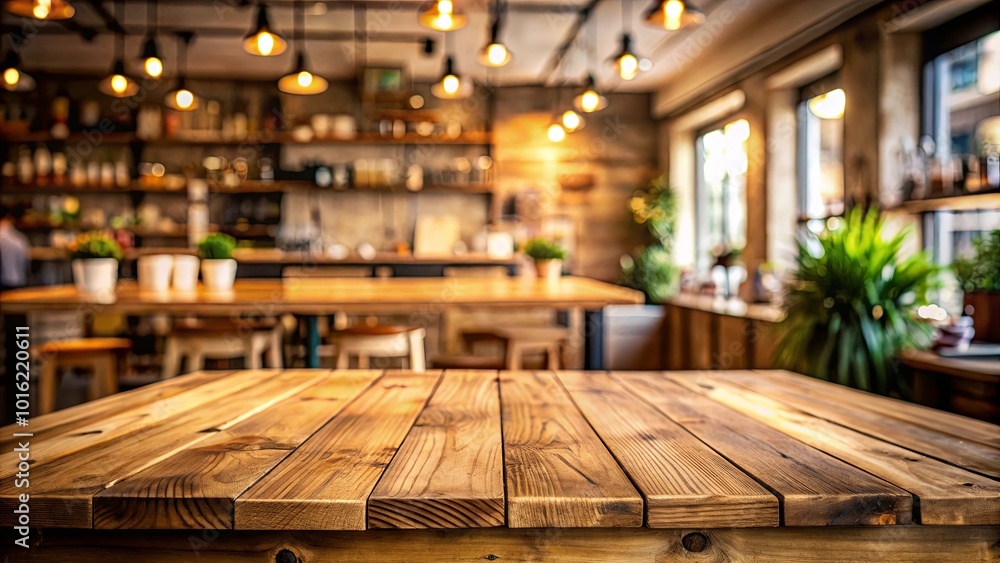 Rustic Wooden Tabletop with Warm Lighting and Blurred Cafe Background Rustic Wooden Tabletop with Warm Lighting and Blurred Cafe Background