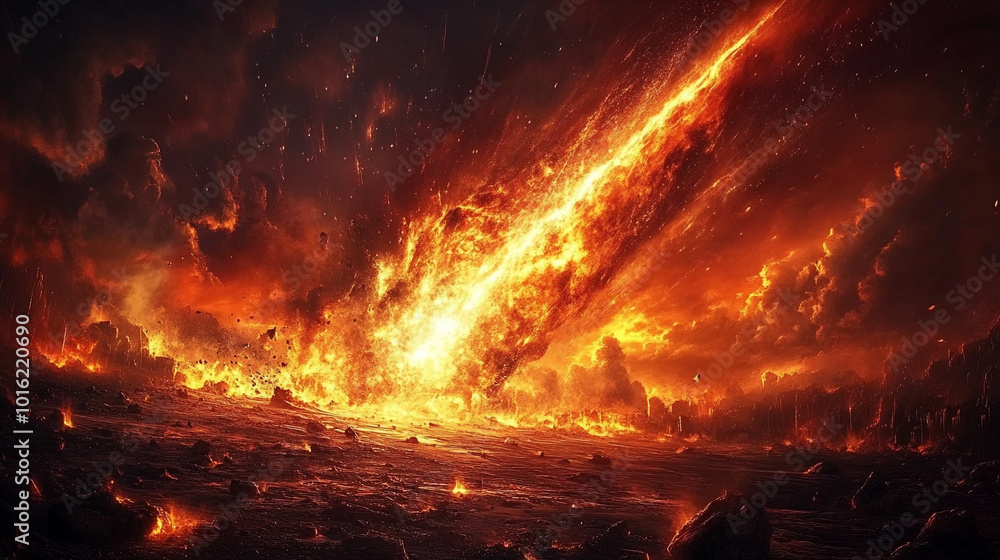 Naklejka premium meteorite blazes through Earth's atmosphere, creating a fiery trail against a dark sky, symbolizing cosmic power, celestial phenomena, and the unpredictability of nature's forces