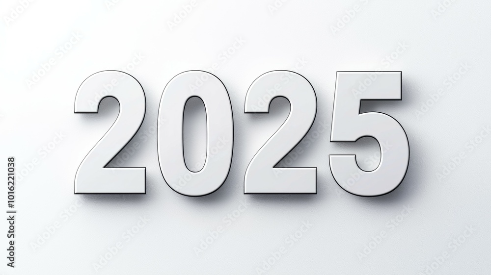 Three-dimensional representation of the year 2025, symbolizing future aspirations and goals in a modern, minimalistic design against a white background Three-dimensional representation of the year 2025, symbolizing future aspirations and goals in a modern, minimalistic design against a white background