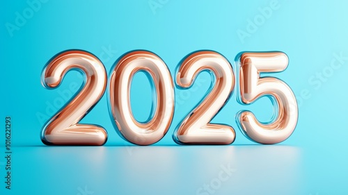 Stylish metallic numbers representing the year 2025 on a light blue background, ideal for celebrations, events, and New Year's festivities