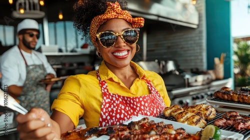 A cheerful vendor wearing glasses and a colorful headband joyfully presents a dish filled with various grilled meats, evoking a sense of community and happiness. photo