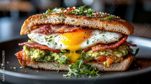 A hearty stack of breakfast goodness featuring egg, bacon, and avocado on rustic bread garnished with herbs, creating a blend of flavors and textures for a satisfying meal. photo