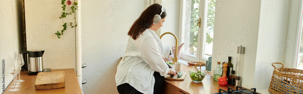 Woman joyfully prepares a fresh meal while enjoying her bright kitchen. Woman joyfully prepares a fresh meal while enjoying her bright kitchen.