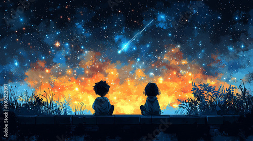 Two children stand on a rooftop, gazing up at the night sky filled with stars and a shooting star. The moment captures wonder, innocence, and the magical hope of making a wish under the galaxy's vastn photo