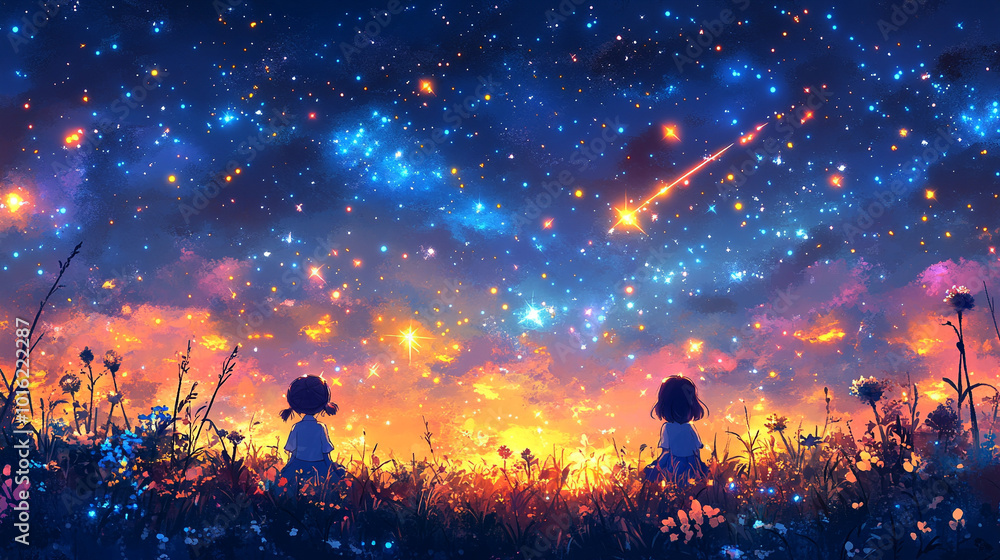 Two children stand on a rooftop, gazing up at the night sky filled with stars and a shooting star. The moment captures wonder, innocence, and the magical hope of making a wish under the galaxy's vastn Two children stand on a rooftop, gazing up at the night sky filled with stars and a shooting star. The moment captures wonder, innocence, and the magical hope of making a wish under the galaxy's vastn