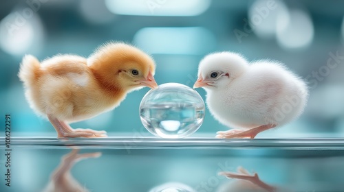 Tiny, fluffy yellow and white chicks explore a shiny glass ball, embodying innocence and curiosity in a bright, clean environment indicative of springtime renewal. photo