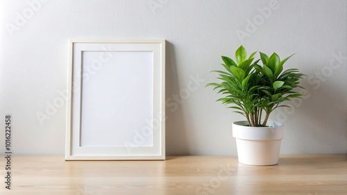 Mock up white frame and green plant on desk with low angle view