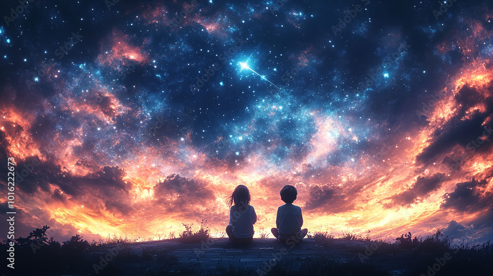 Two children stand on a rooftop, gazing up at the night sky filled with stars and a shooting star. The moment captures wonder, innocence, and the magical hope of making a wish under the galaxy's vastn Two children stand on a rooftop, gazing up at the night sky filled with stars and a shooting star. The moment captures wonder, innocence, and the magical hope of making a wish under the galaxy's vastn