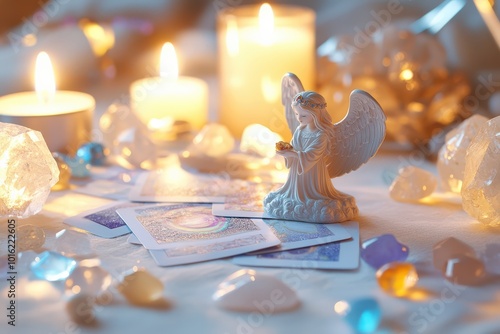 Angel Card. Homemade Deck with Divination Angel Cards on White Table, Crystal Surroundings and Candles.
