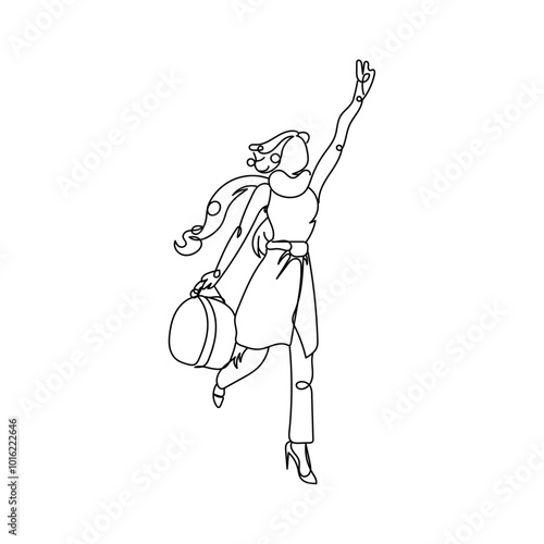 dessin en ligne continue d'une femme appelant un taxi, line art, vecteur