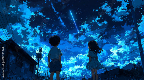 Two children stand on a rooftop, gazing up at the night sky filled with stars and a shooting star. The moment captures wonder, innocence, and the magical hope of making a wish under the galaxy's vastn photo