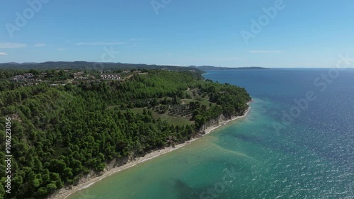 Aerial Of Picturesque Lush Coast Of Elani Beach By Halkidiki Coast In Greece. wide shot photo