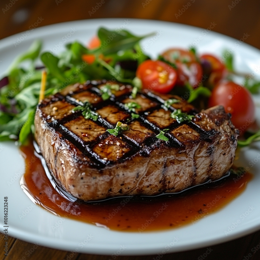 Australian beef steak on dish with blur background. Food concept. Generative AI Australian beef steak on dish with blur background. Food concept. Generative AI