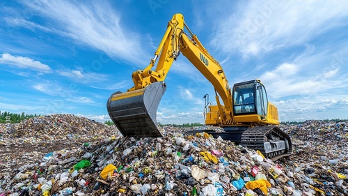 A yellow excavator works on a large landfill, highlighting the importance of waste management and environmental impact.