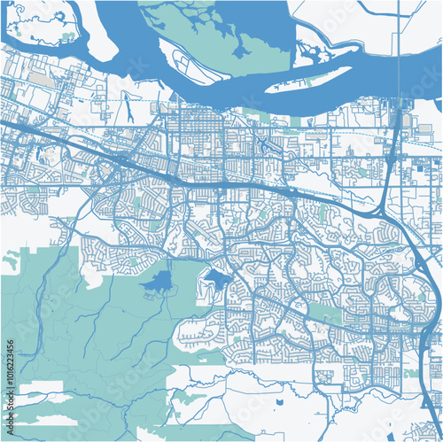 Map of Antioch in California in a professional blue style. Contains layered vector with roads water, parks, etc.