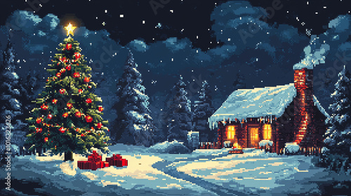 Illustration 8 bit pixel of christmas background.