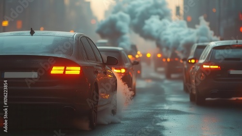 Car emitting exhaust in a traffic jam under a smog-filled sky, symbolizing the environmental impact of urban transportation
