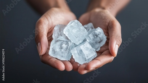 Close-up view of hands holding clear ice cubes, reflecting light beautifully against a dark background.