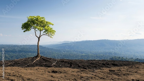 Deforested land with a lone tree standing, visualizing the impact of human activity on forests and biodiversity
