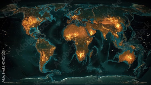 Digital map of the world with hot zones representing climate change impact on different regions