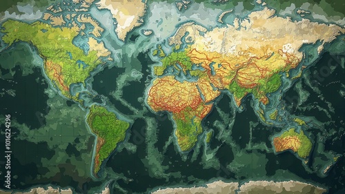 Digital map of the world with hot zones representing climate change impact on different regions