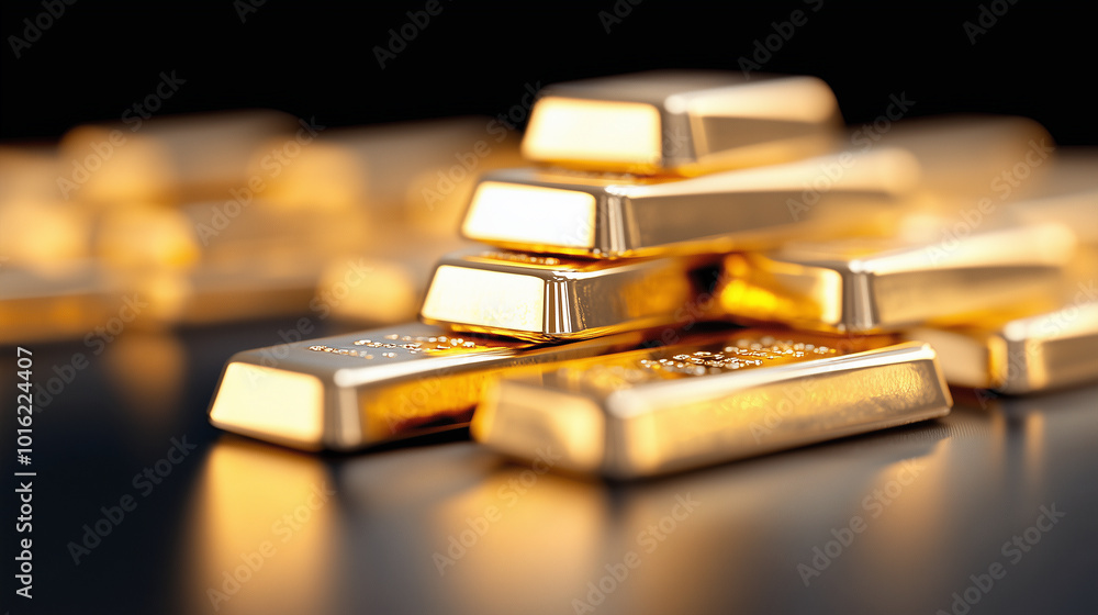 close up of gold bars stacked neatly, reflecting light beautifully, showcasing their shiny surface and luxurious appearance. image evokes sense of wealth and prosperity close up of gold bars stacked neatly, reflecting light beautifully, showcasing their shiny surface and luxurious appearance. image evokes sense of wealth and prosperity