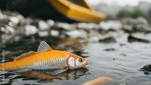 Factory dumping waste into a river, with fish swimming in the foreground, symbolizing water pollution