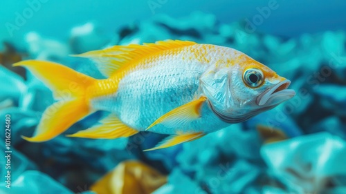 Fish swimming through a sea of plastic bags, symbolizing the ocean s pollution crisis and human impact