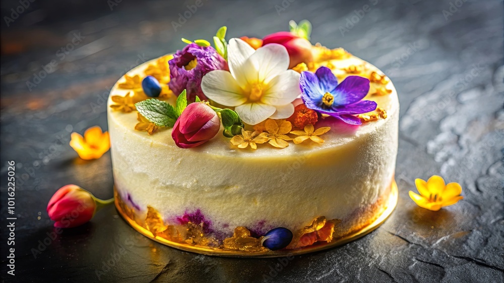 A Delicate White Cake Adorned with Vibrant Blooms and Golden Accents, a Symphony of Flavors and Beauty A Delicate White Cake Adorned with Vibrant Blooms and Golden Accents, a Symphony of Flavors and Beauty